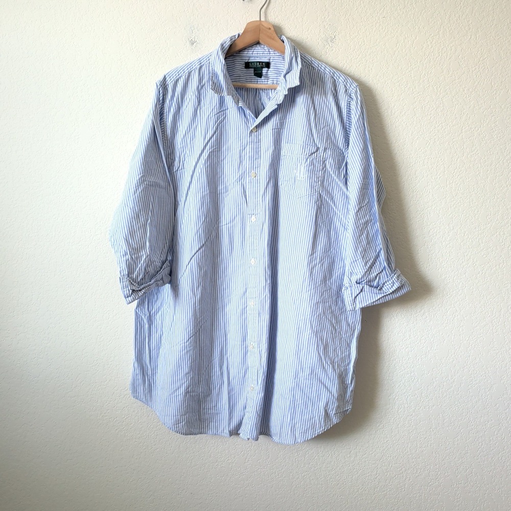 Ralph Lauren Womens XL Blue White Striped Cotton Longline Button Down Shirt RLL